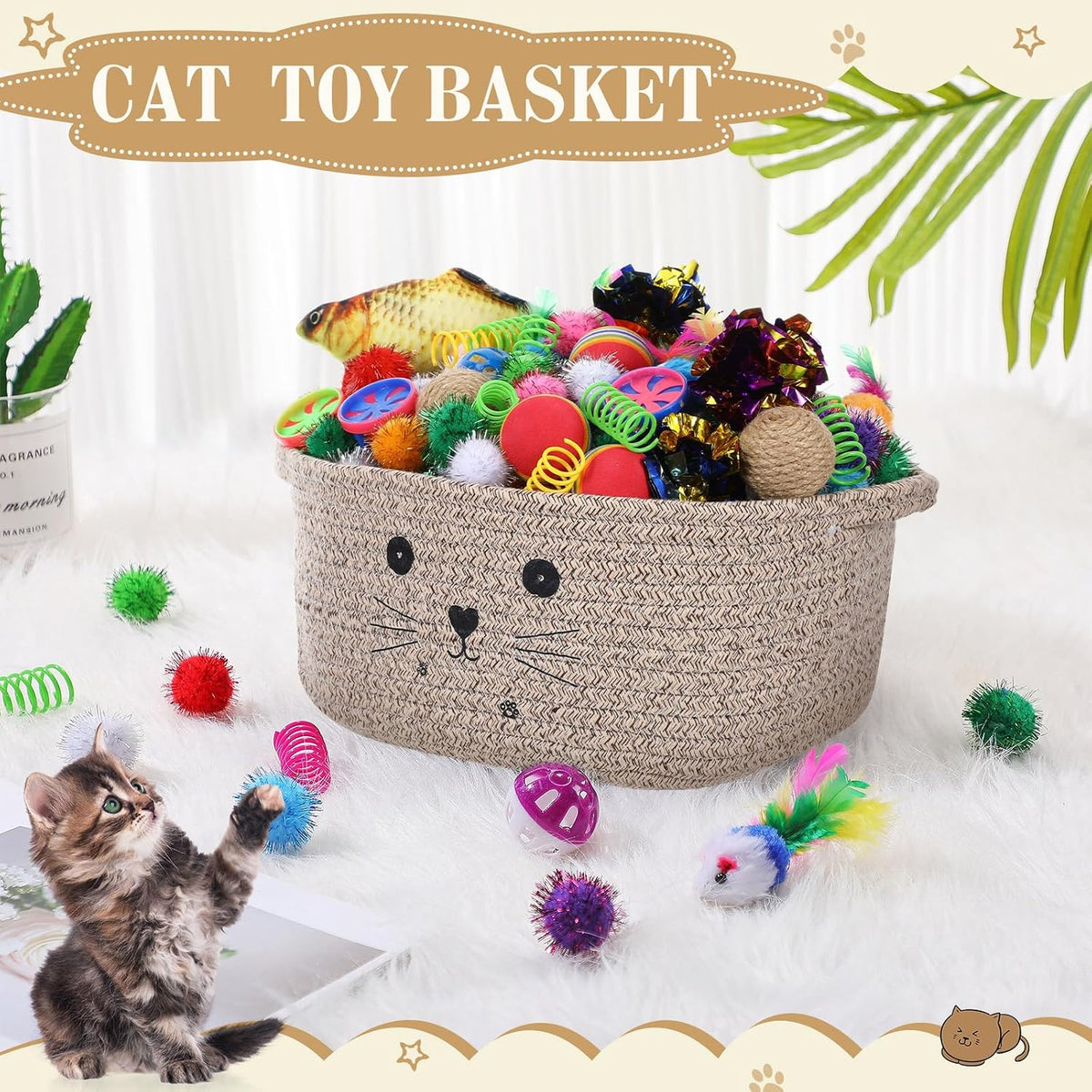 Zopeal 58 Pcs Cat Toy Set with Storage Basket Indoor, Grey - Dark Brown / 12 Inch - image 4