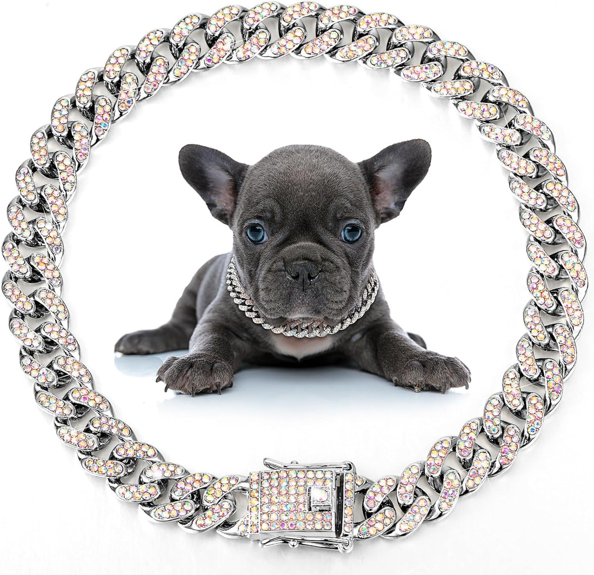 LEIFIDE Cuban Link Dog Collar Chain 12mm, Rose Gold, Pink - 12 Inches / Silver, AB Color
