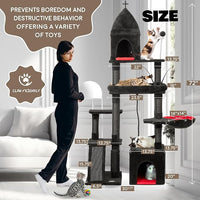 Large Cat Tree Tower for Large Cats, Cat Scratching Post, Self Grooming Post, Interactive Cat Toys, Oversized Perch and Basket, Heavy Duty 72", Black and Red