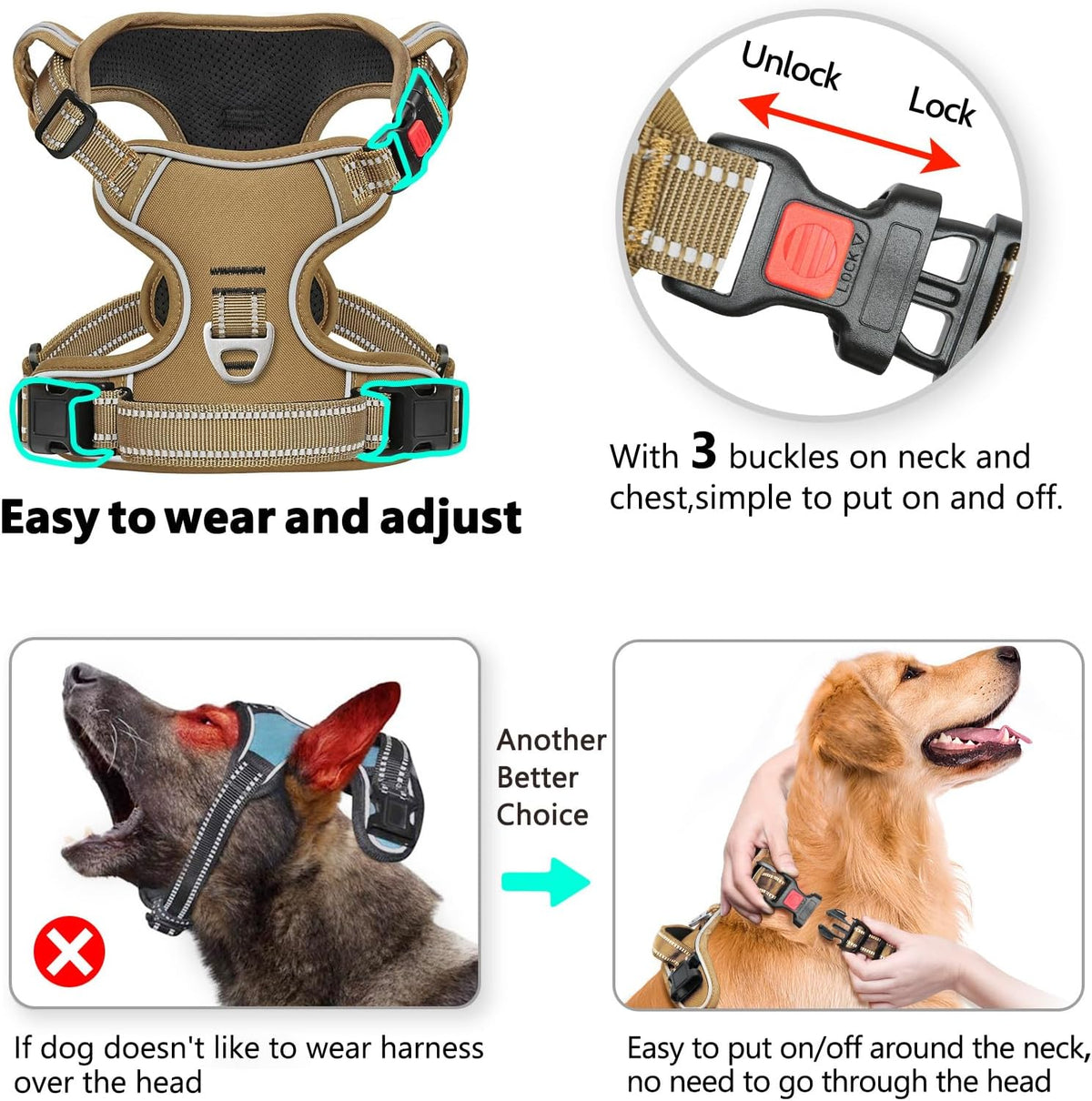 Timos Dog Harness, No Pull Large Sized with 3 Buckles - Large / Lock Khaki - image 2