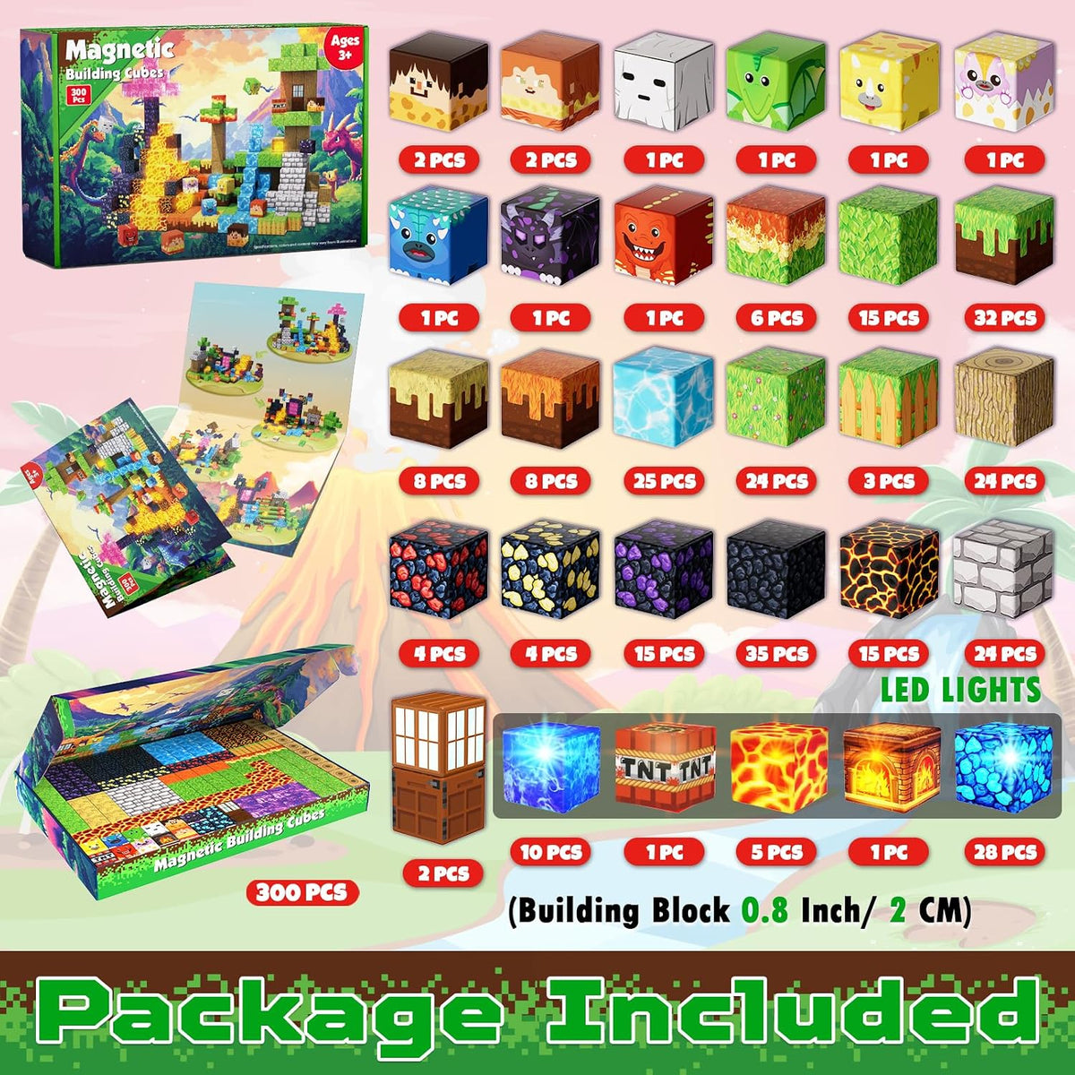 GraceDuck 300 PCS Magnetic Blocks, Magnetic Building Blocks - 300pcs Led Glowing Volcano - image 2