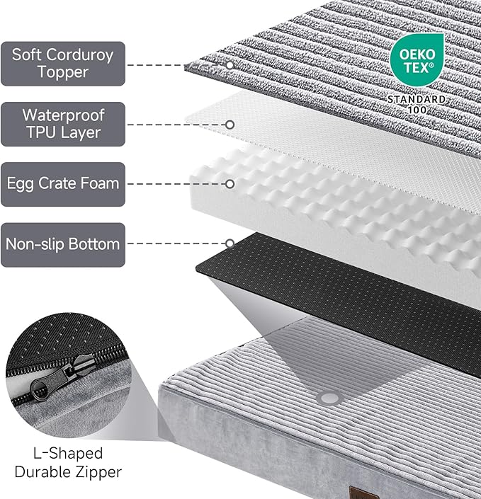 OhGeni Orthopedic Waterproof & Machine Washable Dog Bed for Medium Large Pets, Cat Mat with 25D Egg Crate Foam, Non-Slip Bottom & Removable Cover, Invisible Zipper, 36 Inches(Gray)