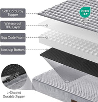 OhGeni Orthopedic Waterproof & Machine Washable Dog Bed for Large Pets, Suitable for Crates, 25D Egg Crate Foam, Non-Slip Bottom & Removable Cover, Corduroy Fabric, 41 Inches(Gray)