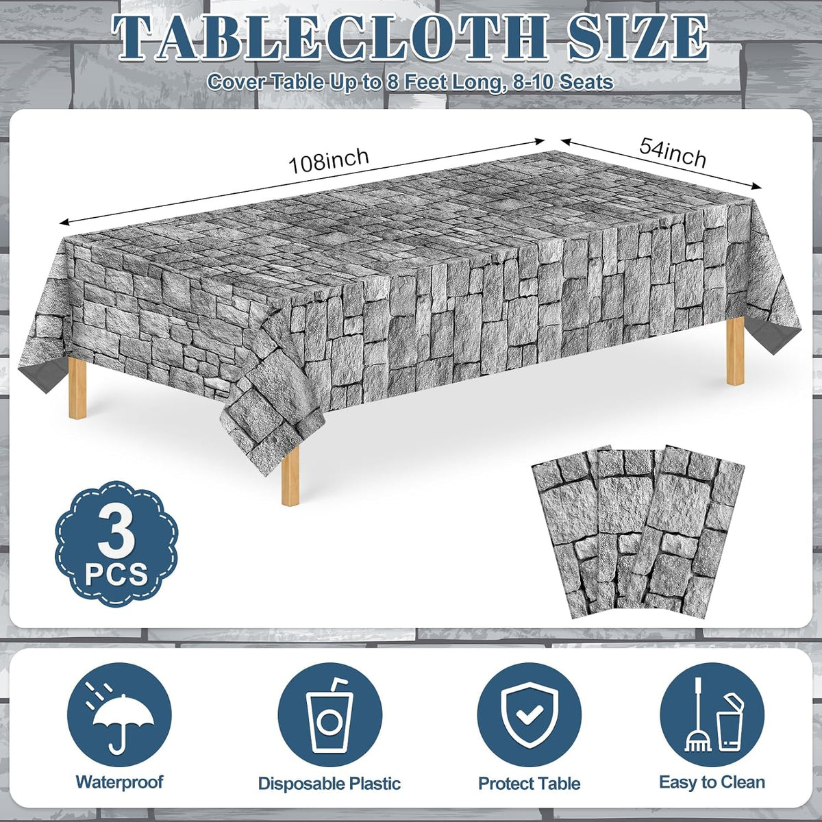 NatNarr 3 Pack Wood Grain Plastic Tablecloths - Stone Wall - image 2