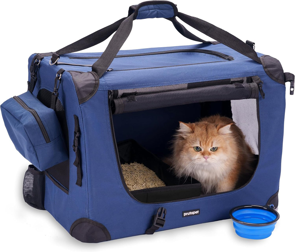 Prutapet Large Cat Carrier 24"x16.5"x16.5" Portable Dog Crate - Blue (With Litter Box） / 24.0"L x 16.5"W x 16.5"H
