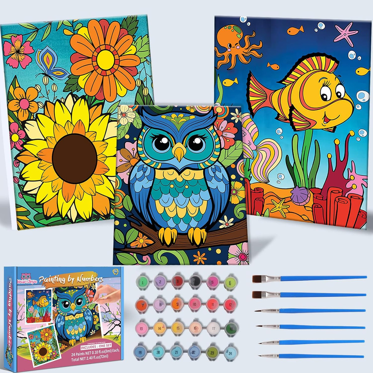 Jovial & Joyful kids paint by number kit with three framed animal canvases and paint pots - view 3