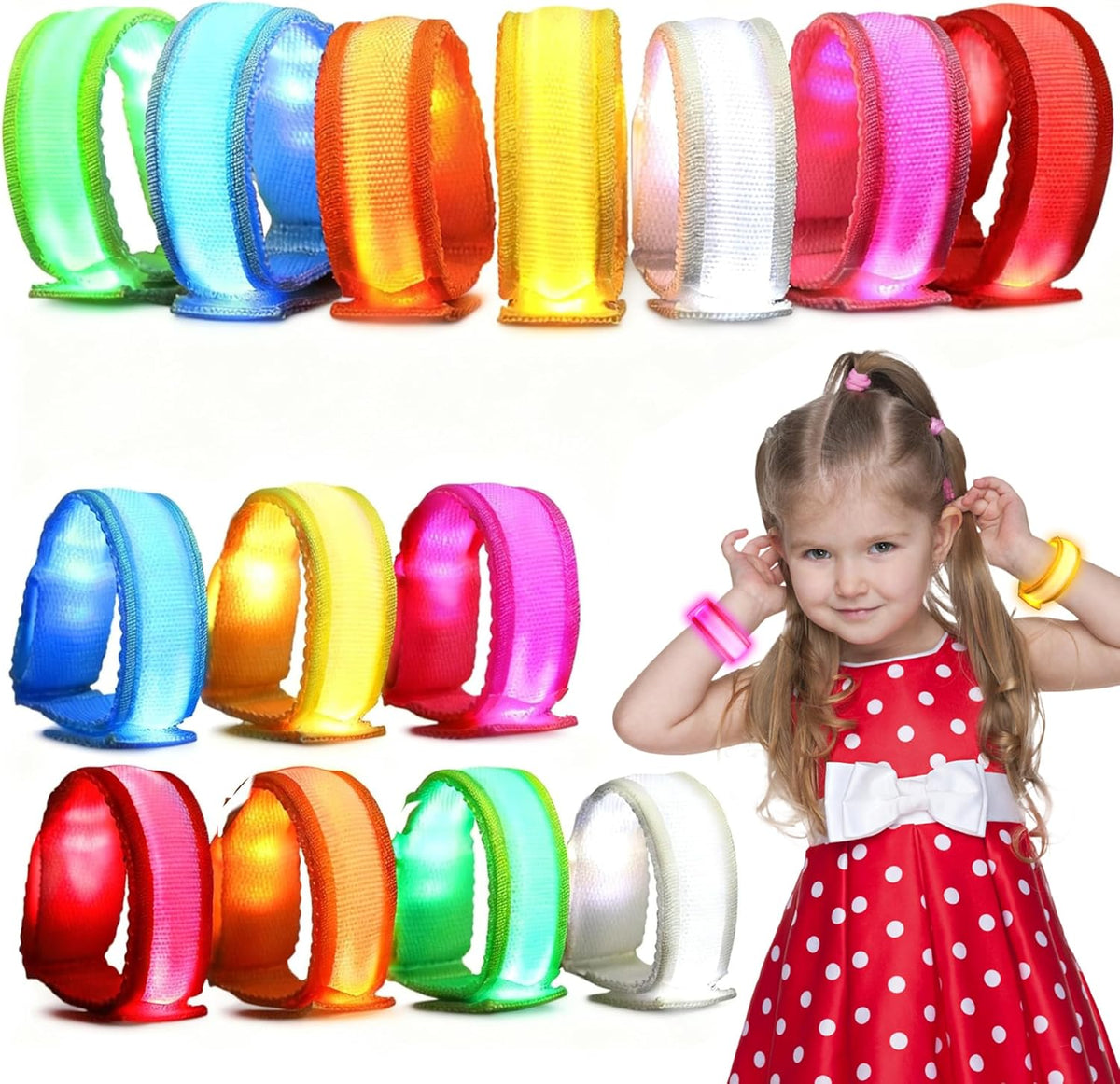 YADIYA LED glow bracelets, 14 light up nylon wristbands in red, orange, yellow, green, blue, pink and white