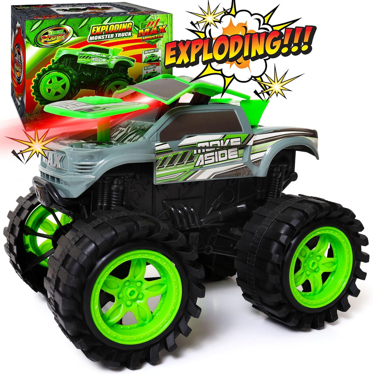 Team Power Exploding Monster Truck Toy with Explosive Crash Sounds - Grey