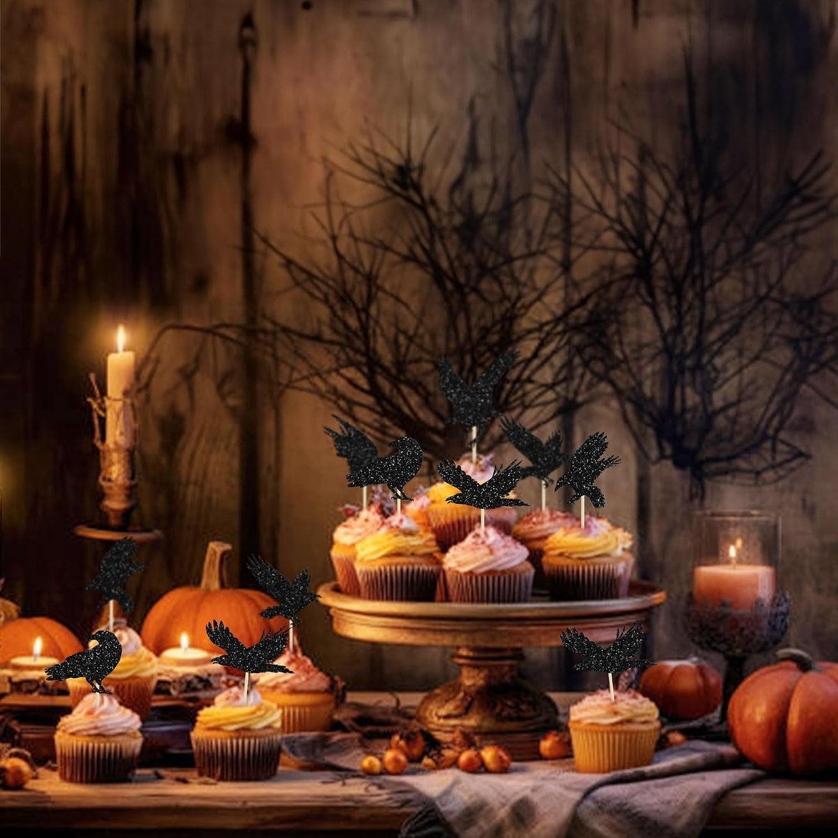 Gyufise black glitter Halloween happy birthday cake topper with half moon, house, pumpkin, ghost and - view 34