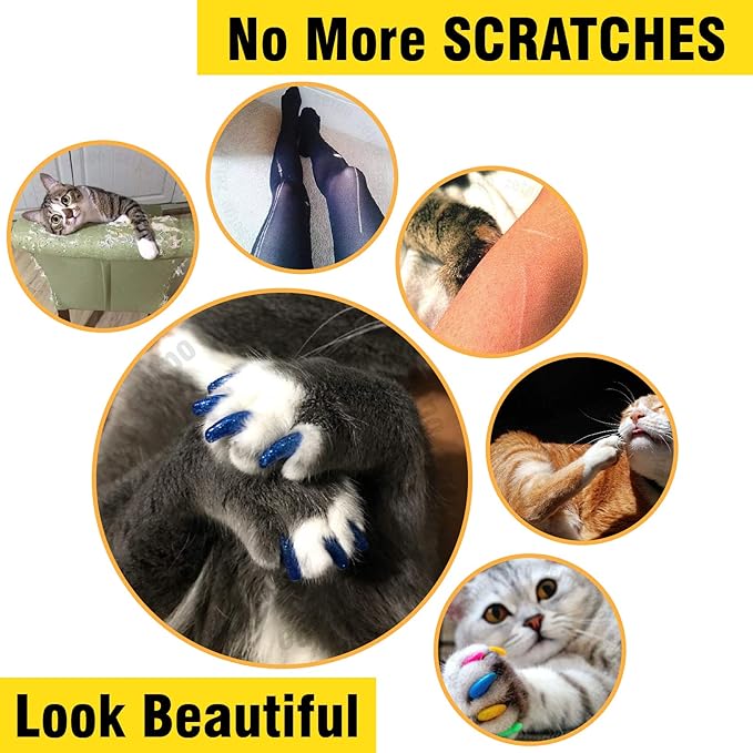zetpo 80 pcs Cat Claw Covers | Cat Nail Caps | with Adhesives and Applicators (S, Black, White, Silver Glitter, 24k Gold Glitter)