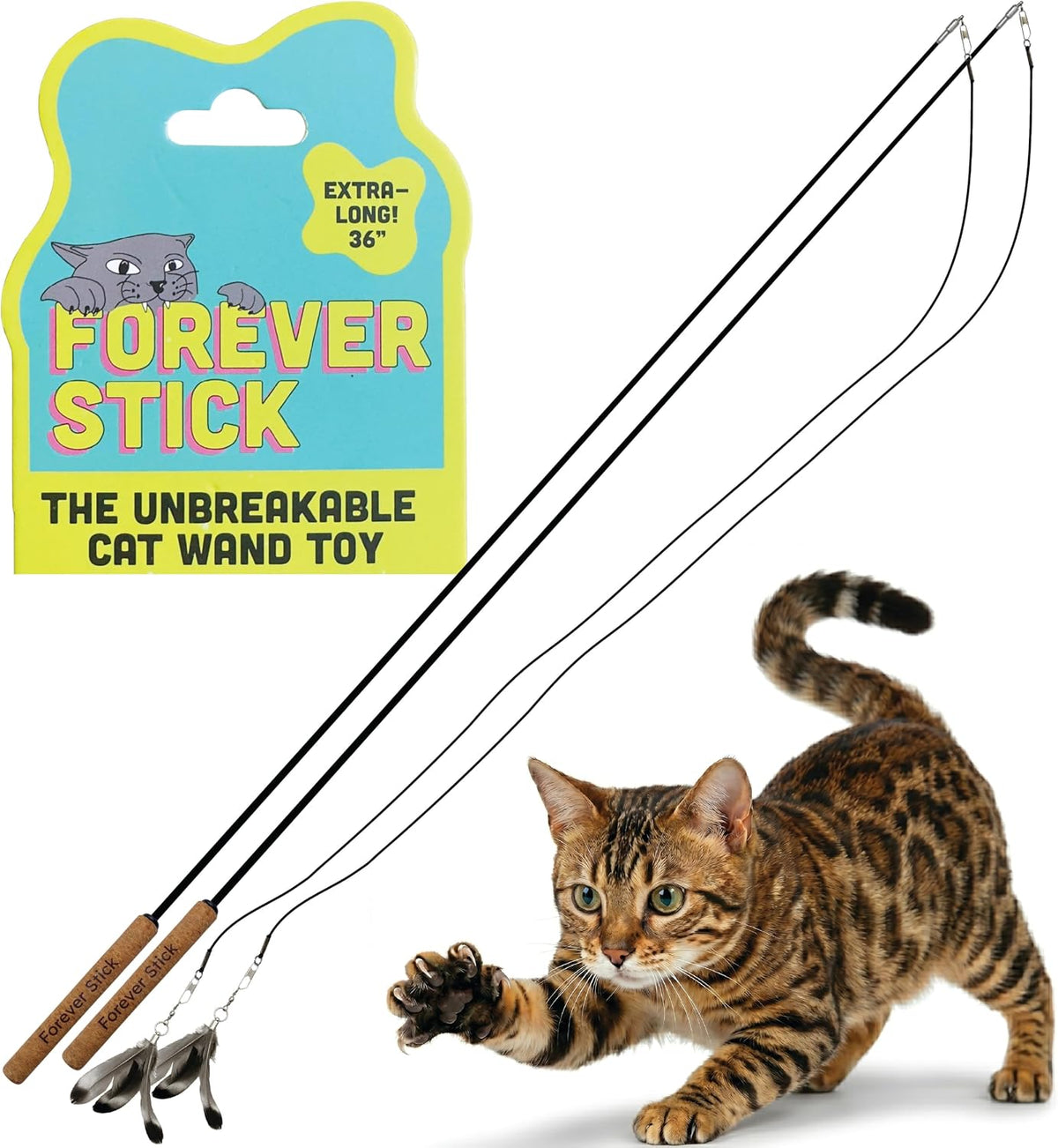 Forever Stick Unbreakable Cat Wand Toy, Durable Feather Teaser – Essentials for Cats - Forever Stick 2-Pack