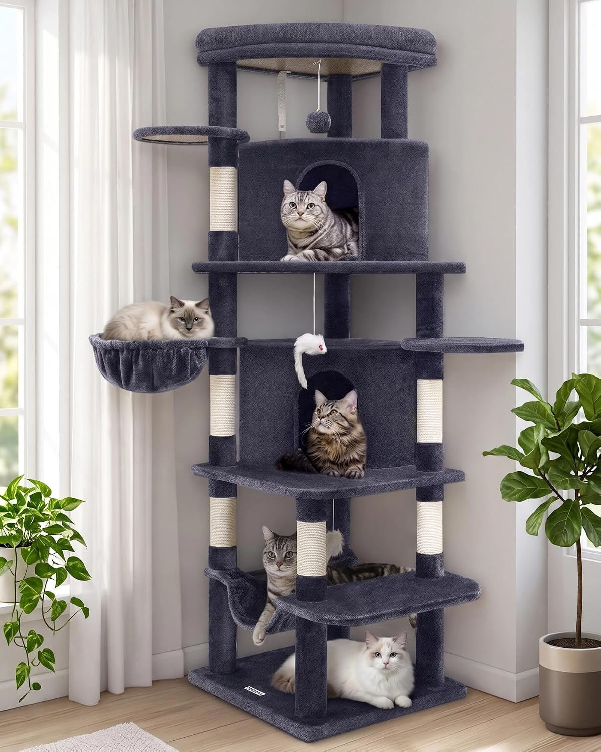 Globlazer Corner Stable Cat Tree Tower with Scratching Post, C51 - 66inch / Dark Gray