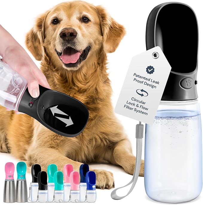 MalsiPree Dog Water Bottle - 19 Oz, Black, BPA-Free Stainless Steel - Portable & Lightweight Water Dispenser with Bowl for Dogs - Leak-Proof & No-Waste Design for Travel