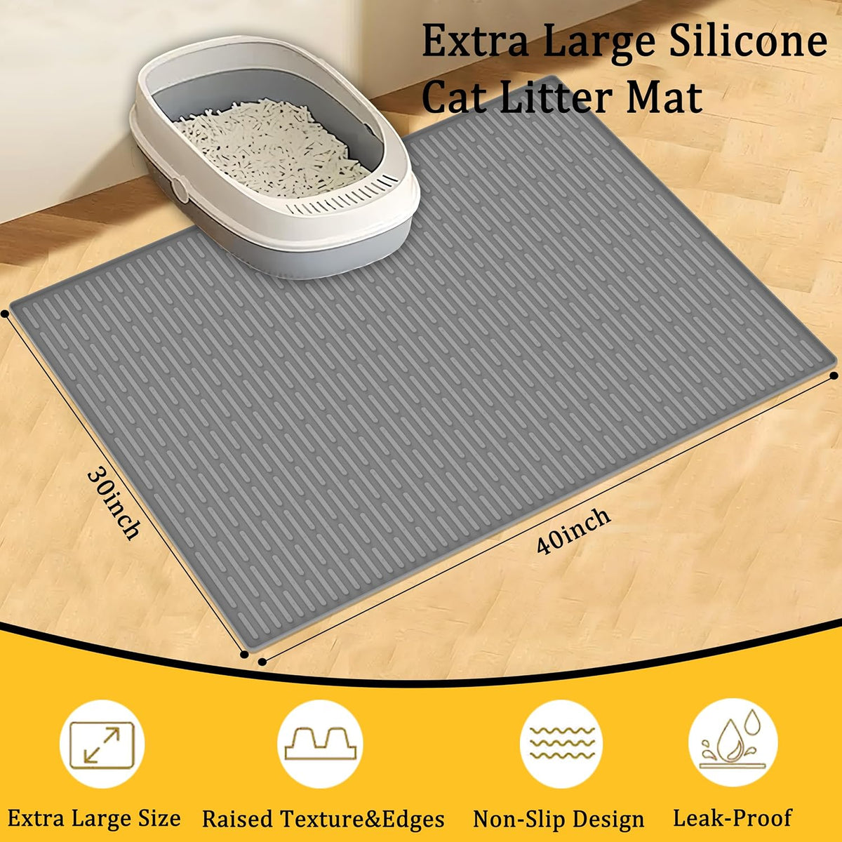 Ultibe 40"x30" Extra Large Silicone Cat Litter Mat - Gray White / 40"L x 30"W - image 2