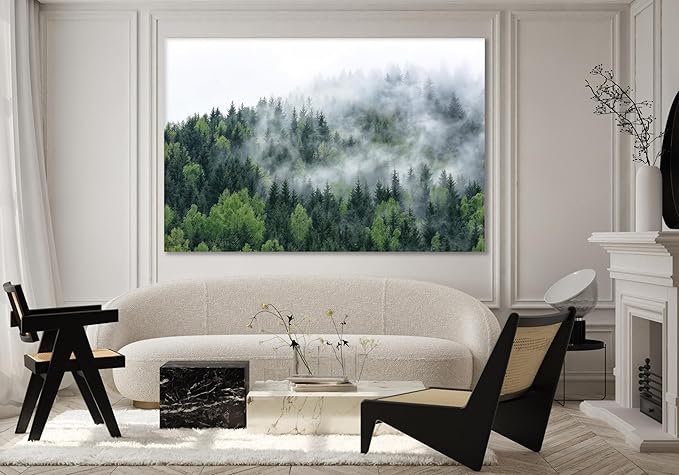 Nature Wall Art Prints - Ocean Forest Mountain Lake Canvas Landscapes - Small to Extra Large Living Room Bedroom Kitchen Bathroom Décor (Pine Trees in Fog, 20L" x 30W")