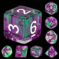 QMAY DND Dice Set - 7Pcs Blue Mix White Polyhedral Dice with Black Dice Bag – Fun for Kids & Family - Purple Green Transparent - image 2