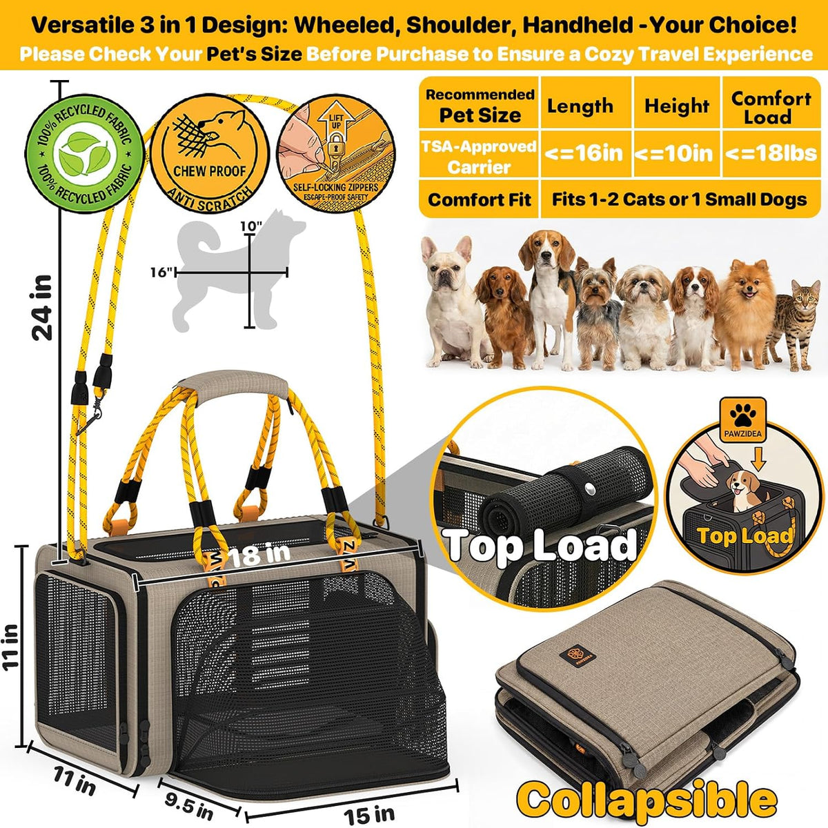 Expandable Pet Carrier for Small Cats & Dogs - 18.0"L x 11.0"W x 11.0"H / Khaki Plaid - image 2