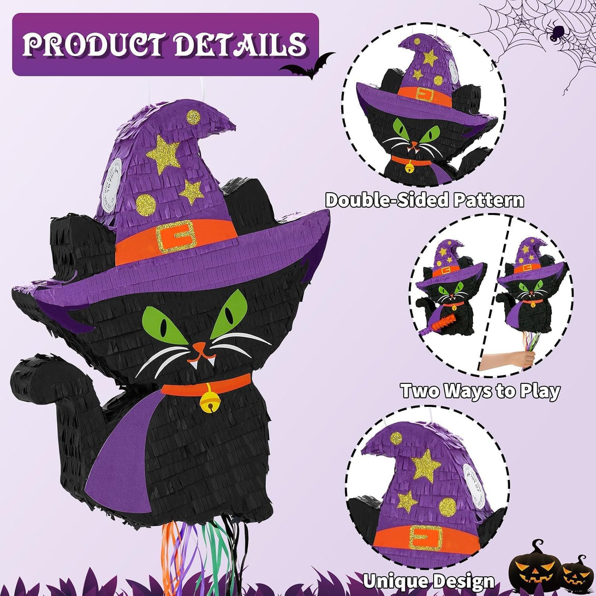 WERNNSAI Halloween skull pumpkin piñata in orange and black with spooky face - view 14