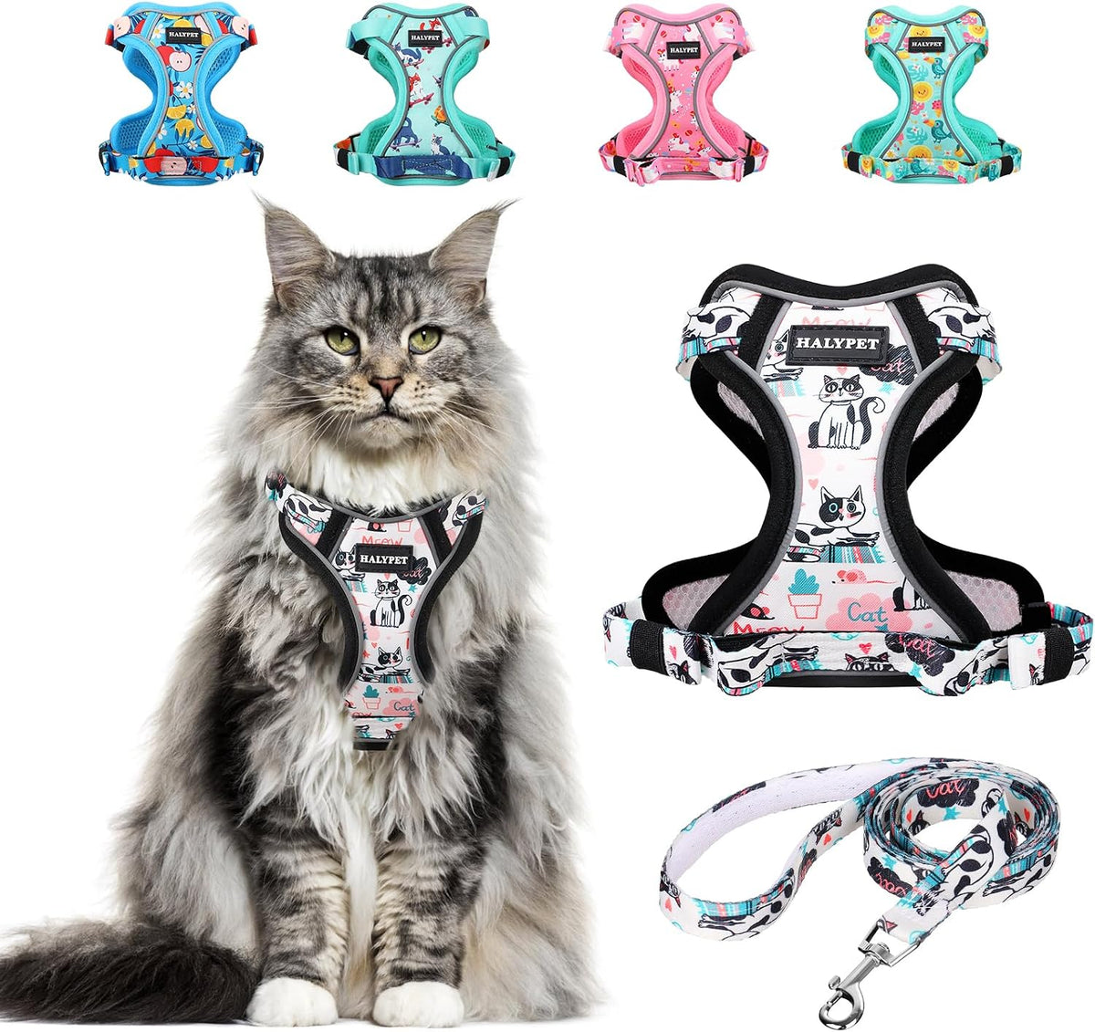 Cat Harness and Leash Set[MAX Safety 4th-Gen] Cute Escape Proof Vest - H603 Pro Inky Meowy / Medium (13-18lb)