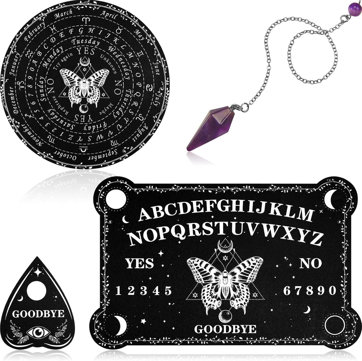Threan Pendulum Board with Amethyst Pendulum Star Style Planchette Set – Fun for Kids & Family - Butterfly Style