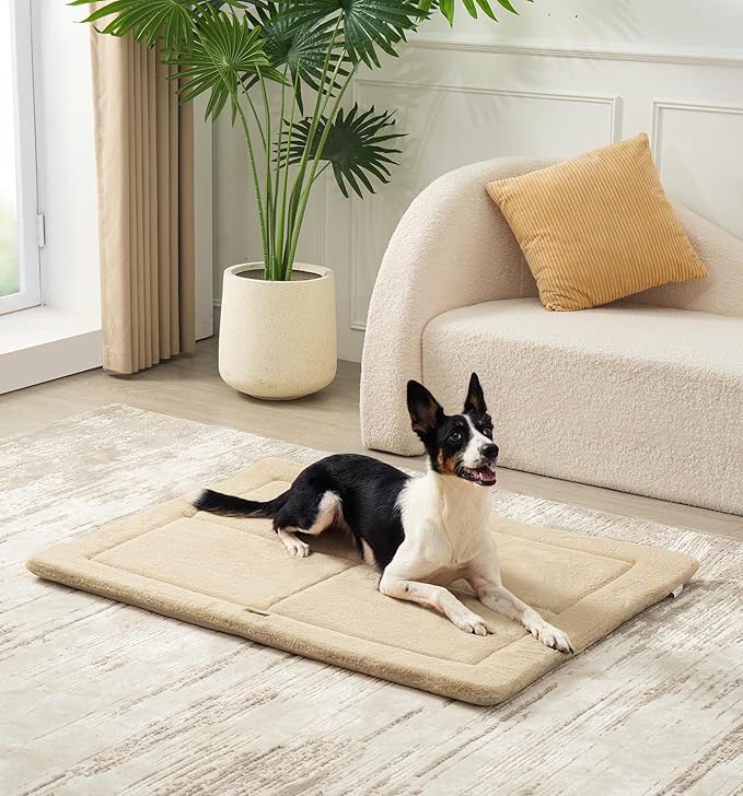 MADE 4 PETS Dog Crate Pad Bed for Large Dogs, Washable & Reversible, Anti-Slip Kennel Mat for Cozy Sleeping, Soft Fluffy Dog Bed for Indoor & Outdoor Use, 44"x32", Beige