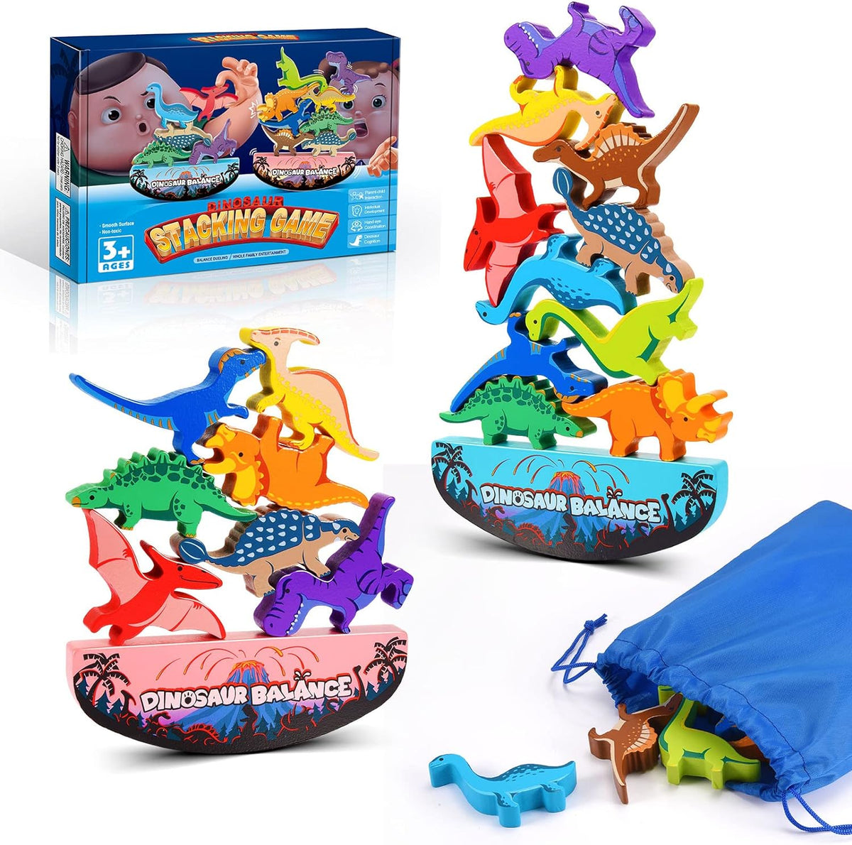 IPOURUP Dinosaur Toys for Kids 3-5: Wooden Stacking Montessori Toys - Double Dino Blocks