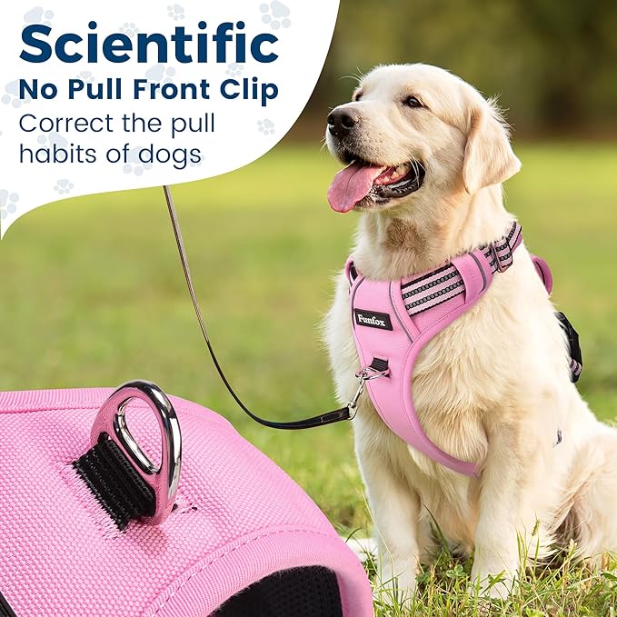 Funfox Dog Harness No Pull, Adjustable Pet Vest Harness, Super Soft Material with Vertical Handle Easy Control, Reflective Night Walking, 2 Leash Clips for Medium Sized Dogs, Pink, M
