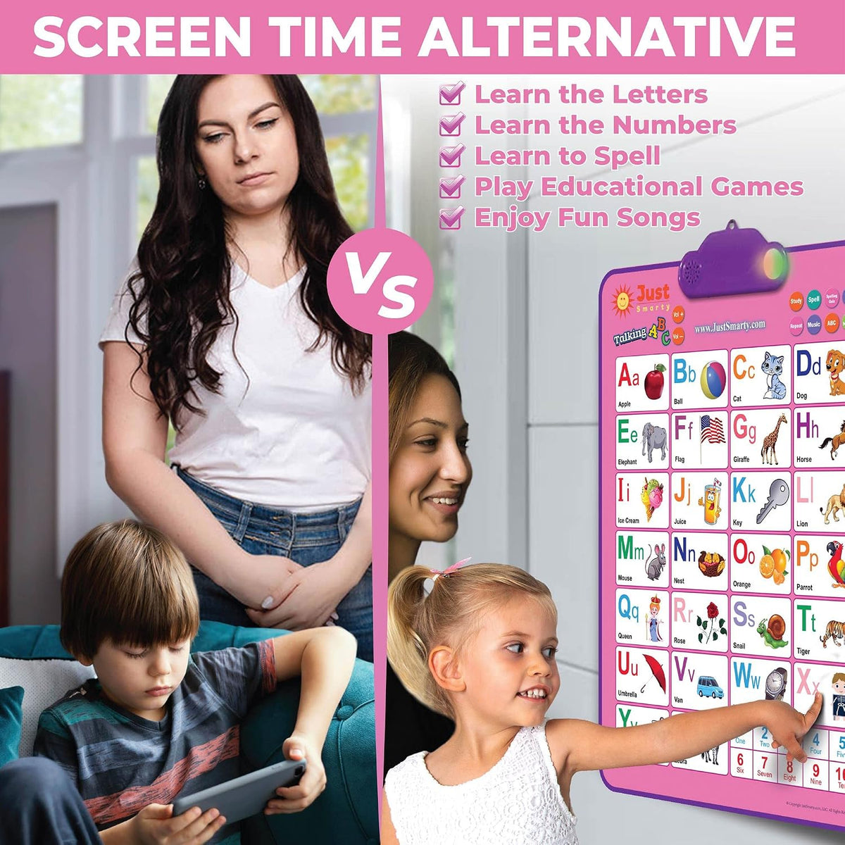 Just Smarty Interactive Alphabet Wall Chart, ABC & 123's, Blue – Fun for Kids & Family - ABCs and 123s - Pink With Light - image 4