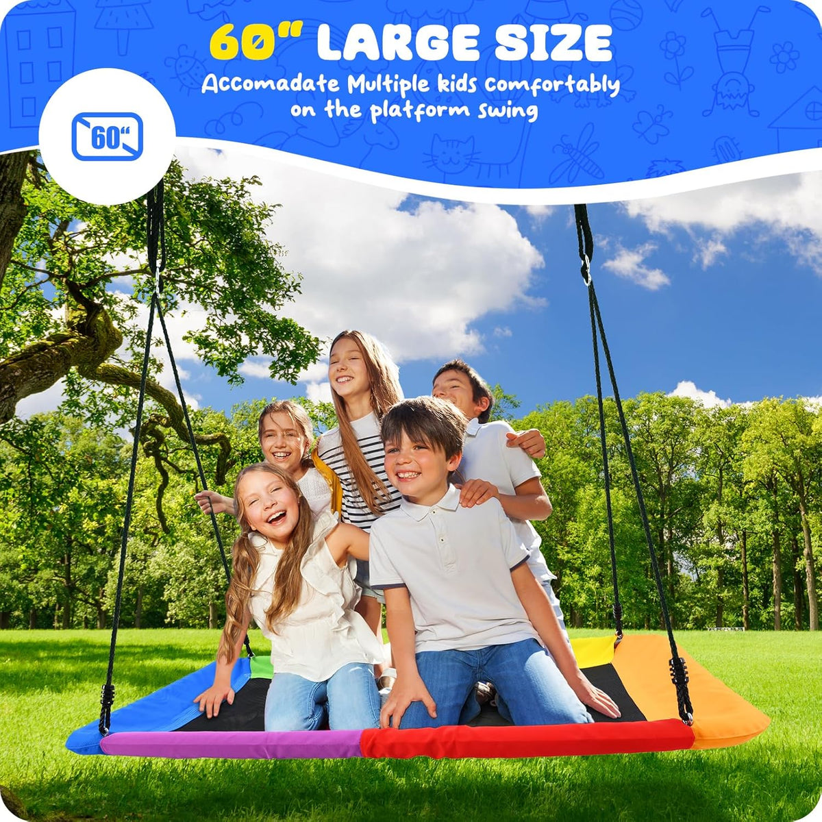 Trekassy 700lbs 60" Large Rectangle Platform Tree Swing for Kids - Rainbow - image 3