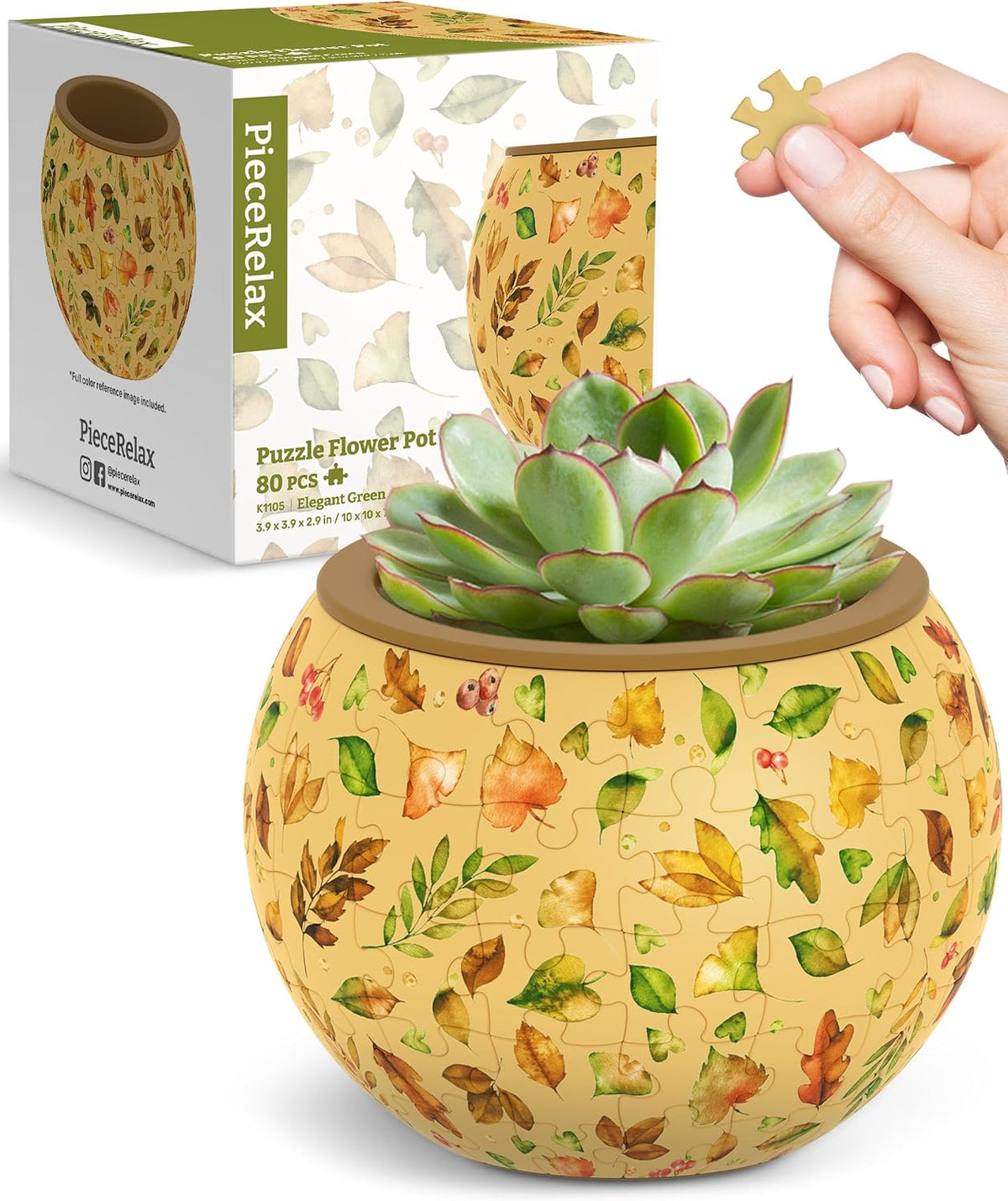 PieceRelax Unique 3D Puzzle Planter, 80 Plastic Pieces [K1101] - Elegant Green