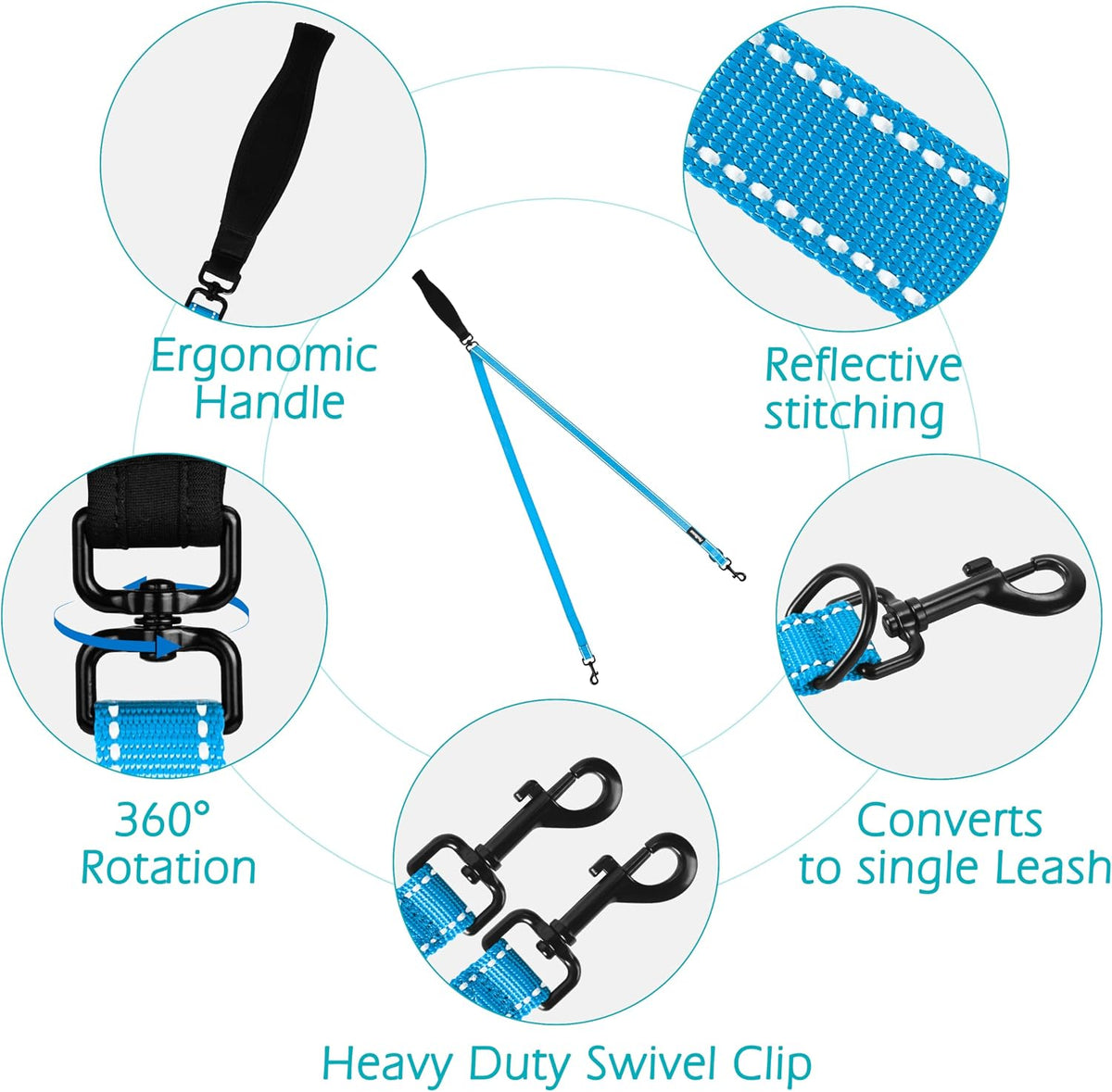 Two Point Control Dog Leash, No Tangle Training Walking Leashes – Essentials for Dogs - Light Blue - image 3