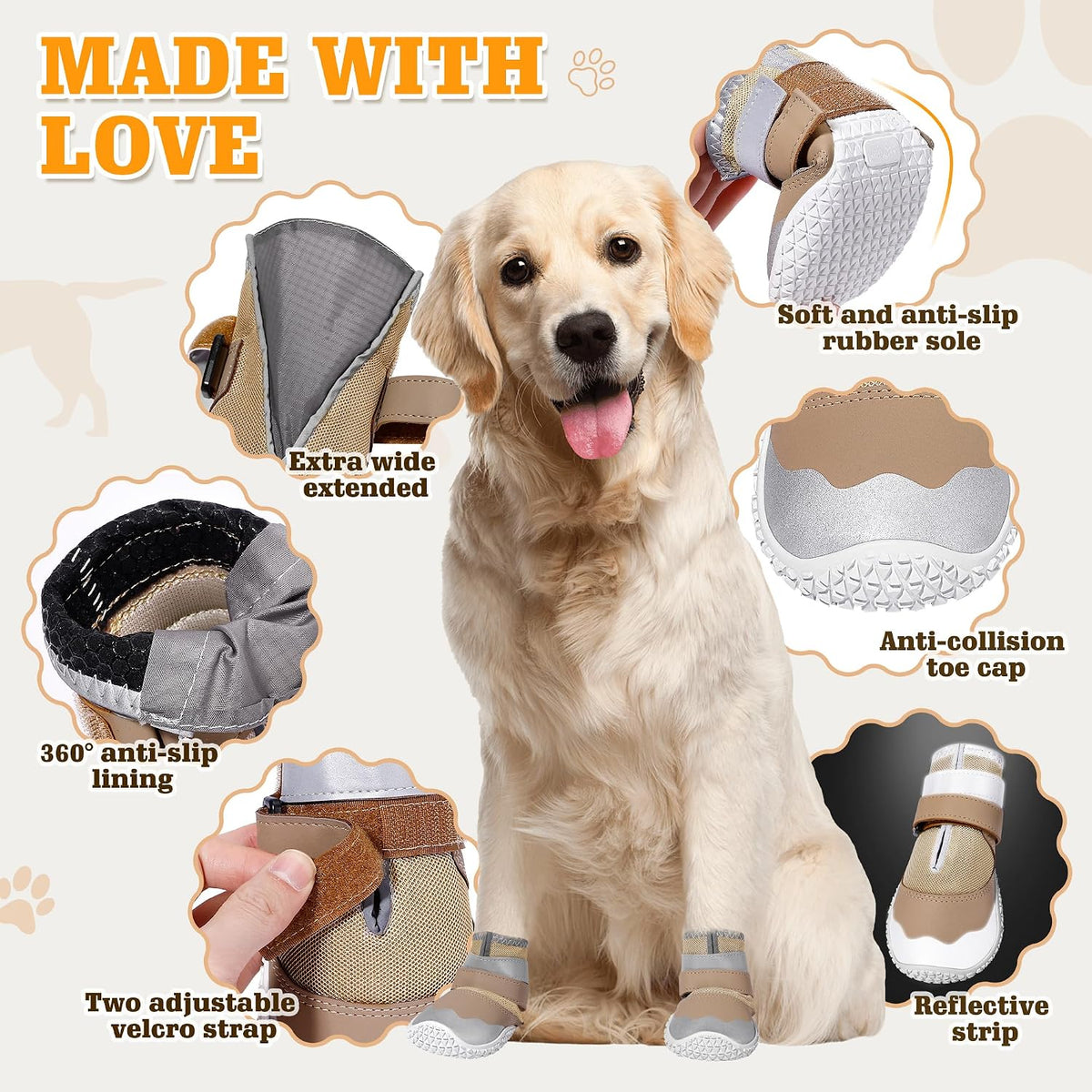 DcOaGt Dog Shoes Large Size Dogs - Khaki-Reflective / Size 8:for paw width 3.0-3.2 inches (Pack of 4) - image 4