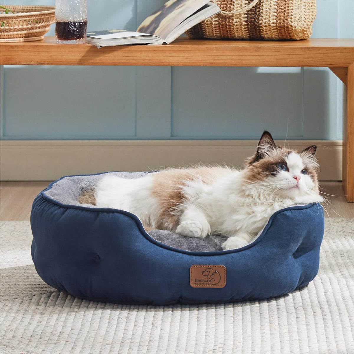 Bedsure Small Dog Bed Washable, Round Cat Beds for Indoor Cats - 20"L x 19"W x 6"Th / Navy - image 2