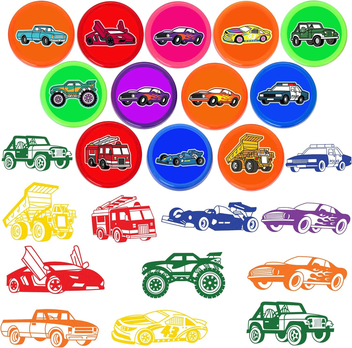 Car and truck stampers for kids, 12 pre-inked stamps in different vehicle designs and colors - view 17
