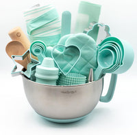 WeeSprout kids baking set in green with apron, oven mitts, rolling pin and cookie cutters - view 7