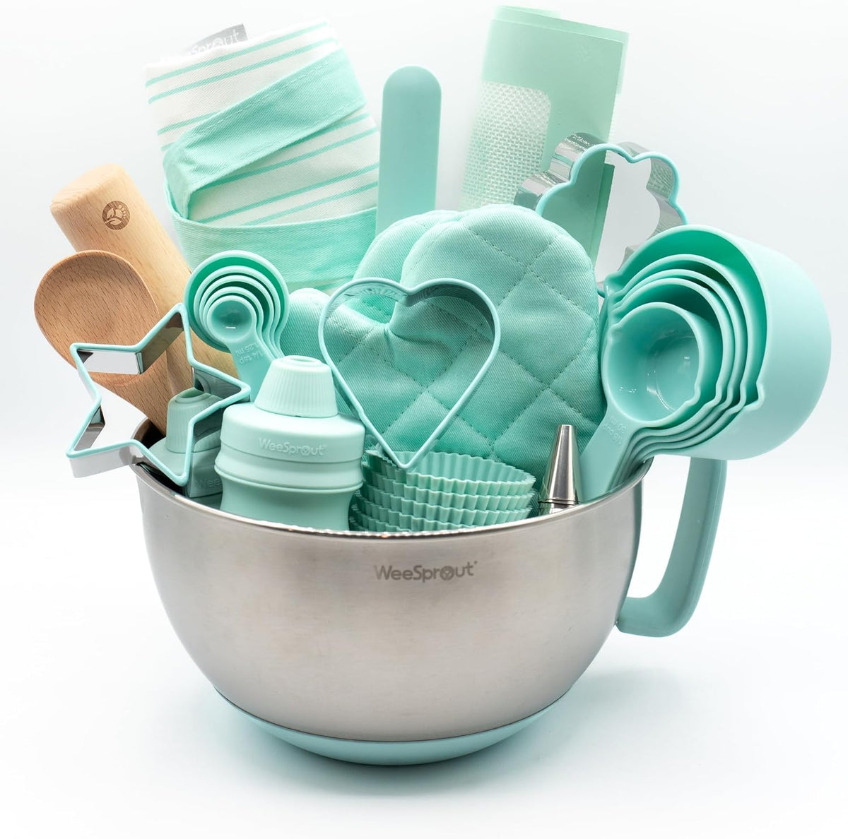 WeeSprout kids baking set in green with apron, oven mitts, rolling pin and cookie cutters - view 7