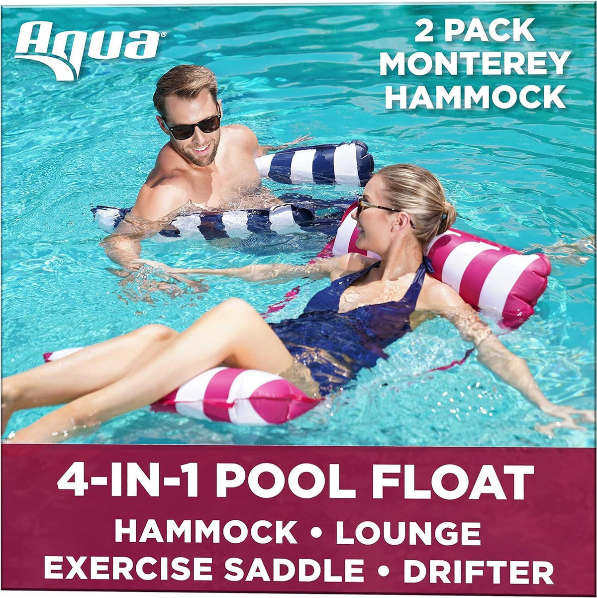 Aqua 4-in-1 Monterey Hammock Pool Float & Water Hammocks - Navy & Burgundy/White Stripe / Monterey Hammock / 2 Pack - image 2