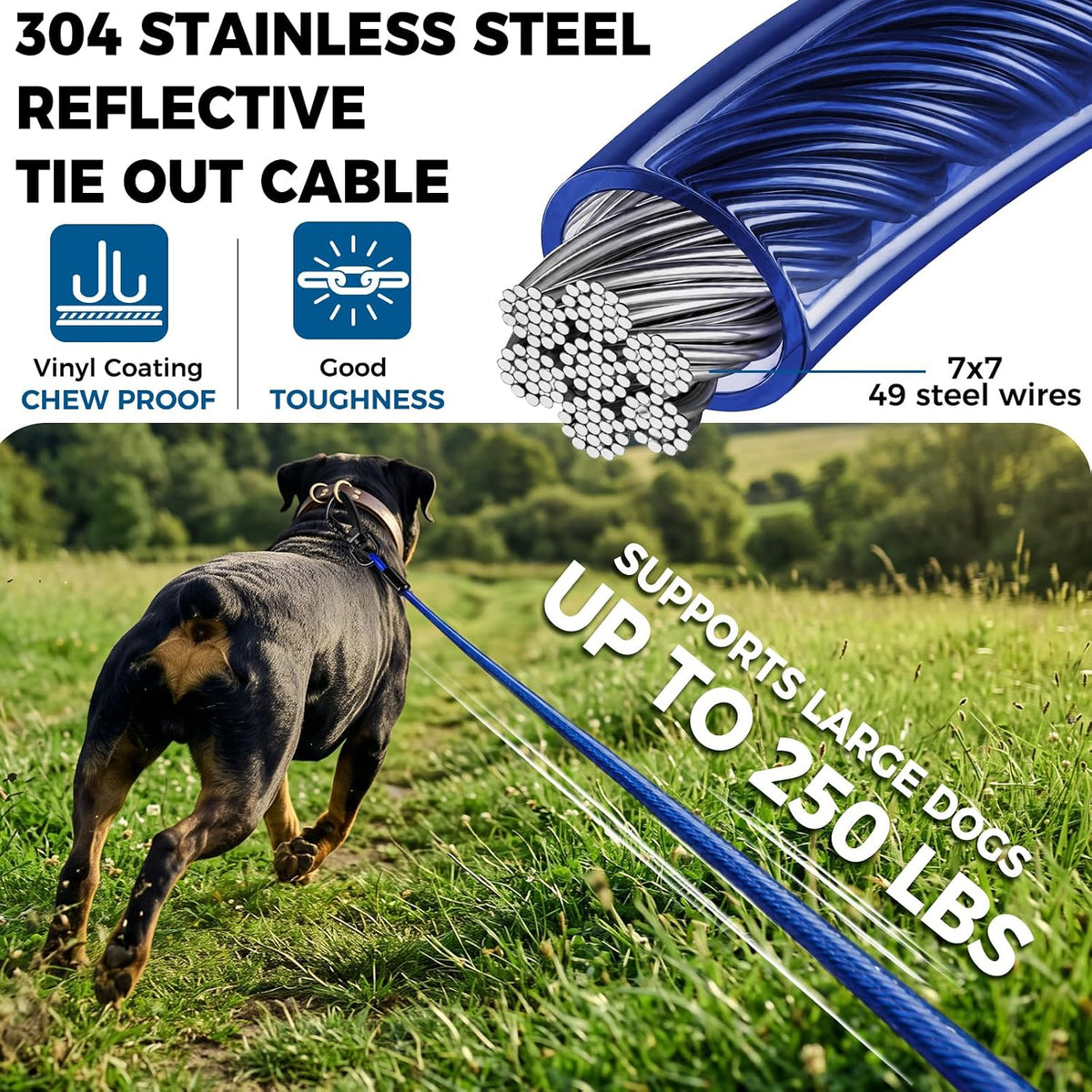 Tie Out Cable for Dogs, 50FT Dog Leads for Yard Chew Proof, Heavy Duty Leash for Large Dogs Up - 250lbs / 100ft / Blue - image 3