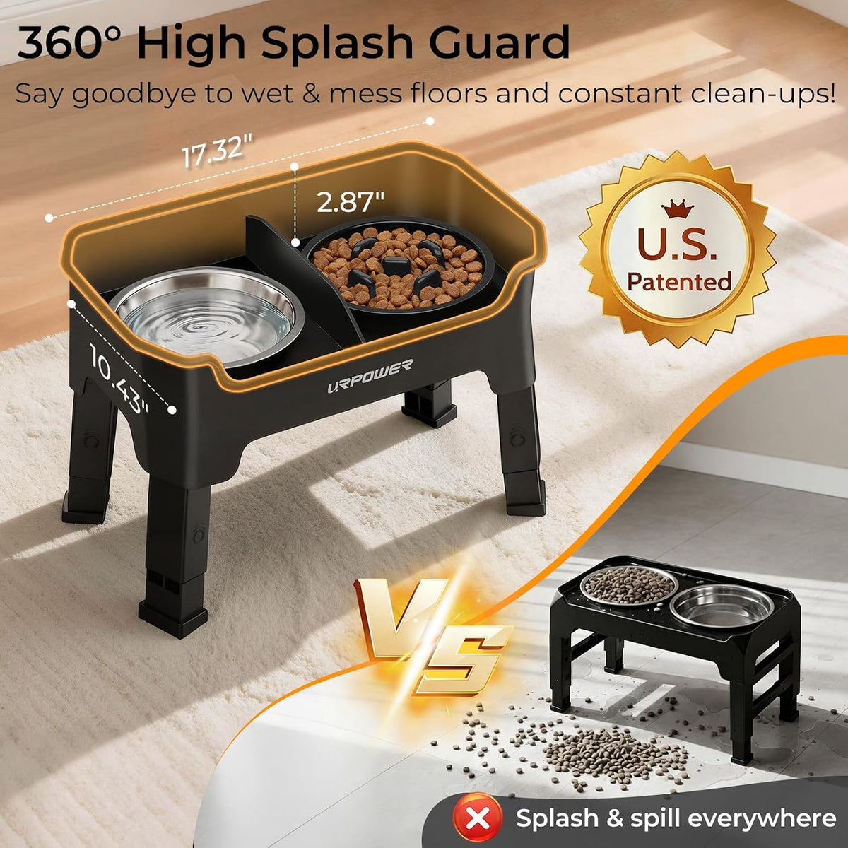 URPOWER Mess Proof Elevated Dog Bowls 4 Height Adjustable Raised Stand – Essentials for Dogs - Jet Black / Large - image 2