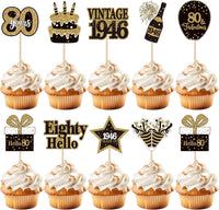 36PCS Happy 80th Birthday Cupcake Toppers Double Sided Black Gold - Vintage / 80th