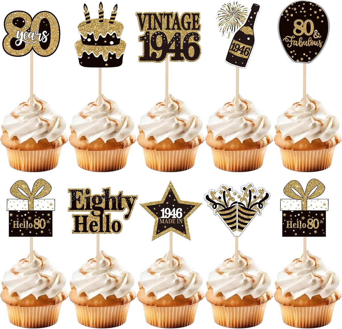 36PCS Happy 80th Birthday Cupcake Toppers Double Sided Black Gold - Vintage / 80th