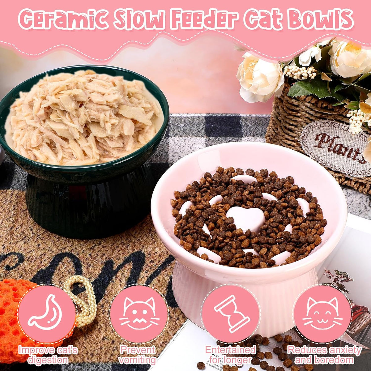 Tioncy 2 Pcs Ceramic Elevated Slow Feeder Cat Bowl - Pink, Dark Green / 2 - image 4