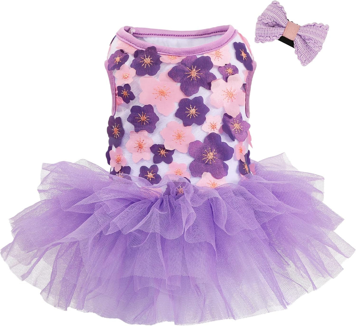 Dog Dress, Fashion Puppy Tutu Princess Dresses for Small Dogs Girl, Sweet Skirt with Dog Bowknot - Purple floral dress / XX-Small