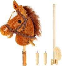 Morytale stick hobby horse, light brown plush pony with reins and wooden wheels