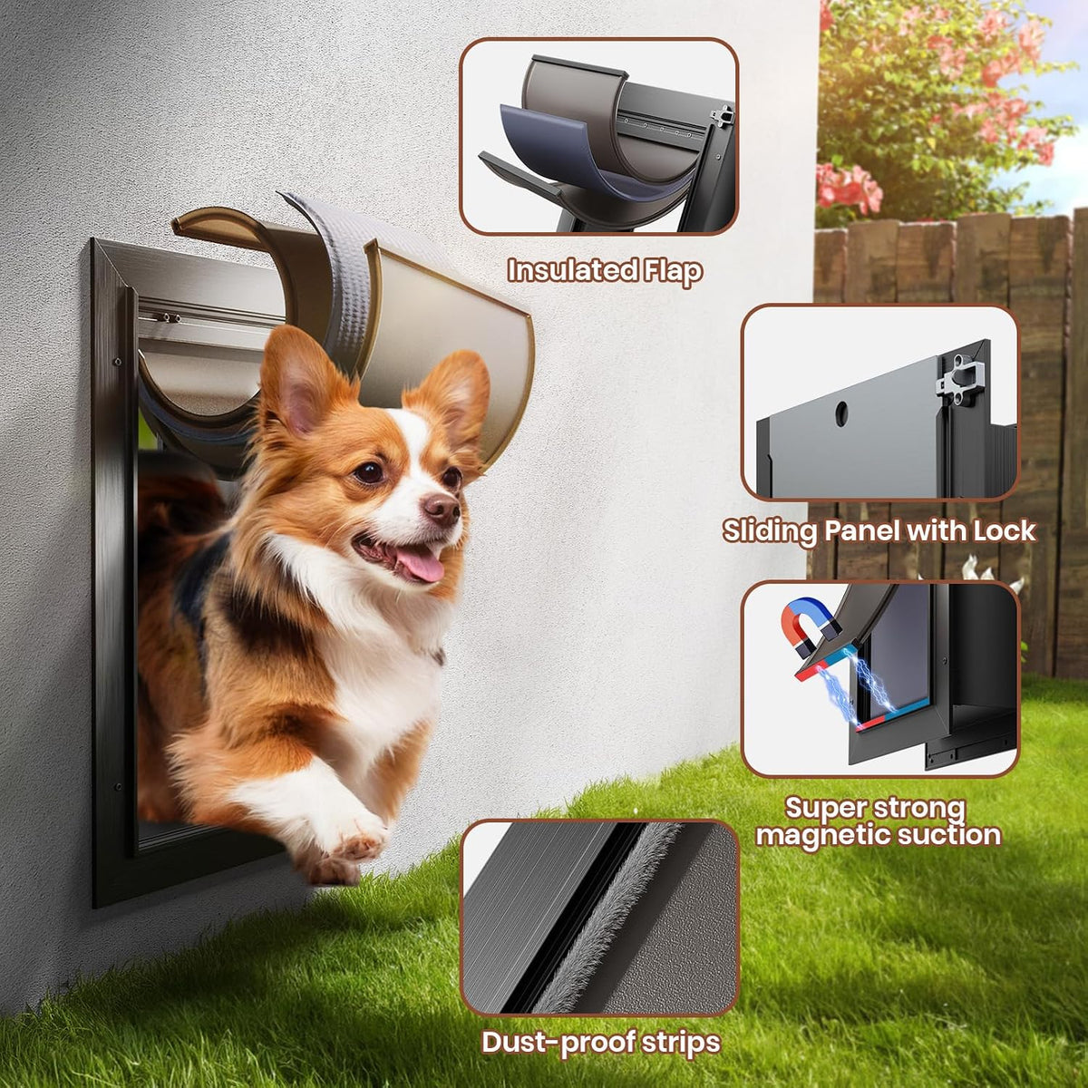 Large Dog Door for Wall, 3-Flap Insulated, All Aluminum, Black – Essentials for Dogs - Medium - image 3