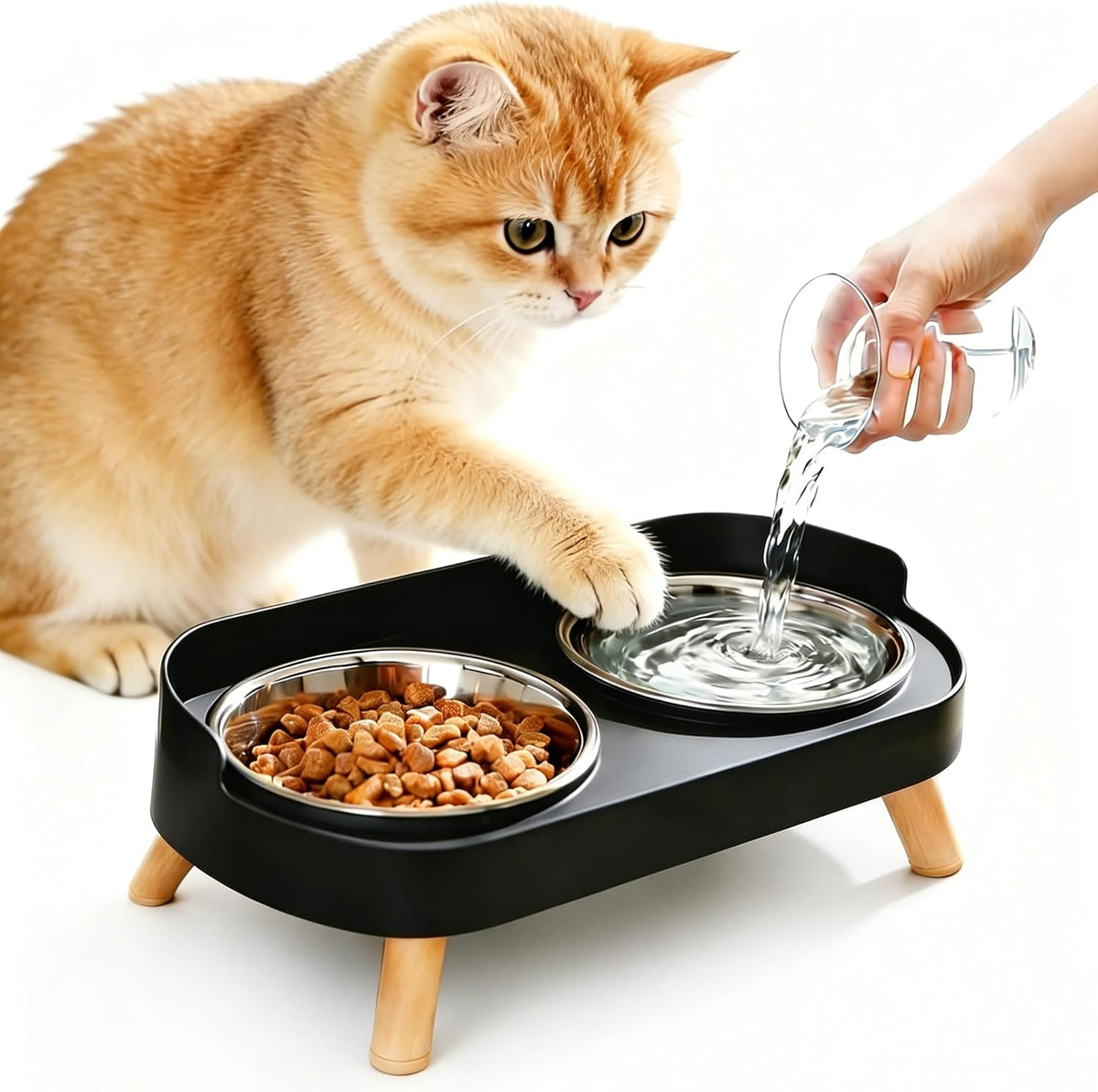Elevated Cat Bowls with Food Mat - Cat Bowls - Black