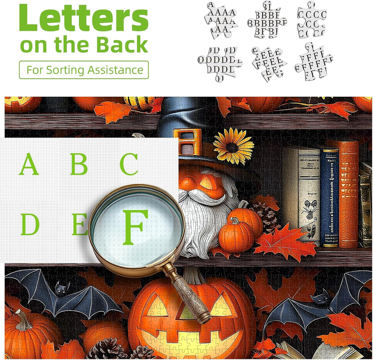 Halloween Puzzle 500 Piece with Lettered for Adults Gift - 500piece - Pumpkin Bookshelf - 20x20" / Spooky Halloween - image 3