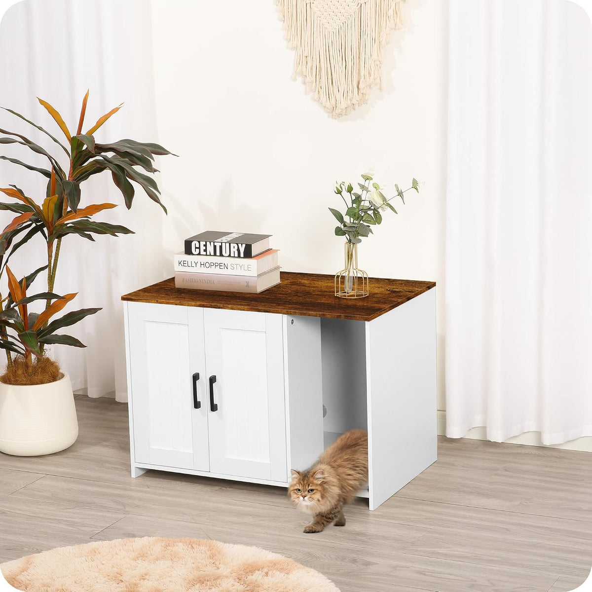 Cat Litter Box Enclosure, with Scratching Mat - White+Rustic Brown / 27.6"L x 18.2"W x 19.6"H - image 2
