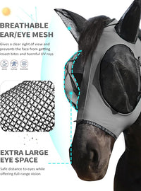 Harrison Howard Horse Fly Mask with Forelock Opening Stretch Breathable and Comfortable for Horses UV -Protection Grey L
