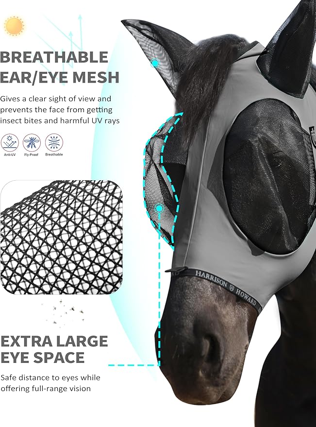 Harrison Howard Horse Fly Mask with Forelock Opening Stretch Breathable and Comfortable for Horses UV -Protection Grey M